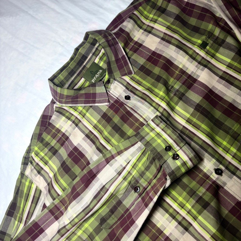 PrAna Mens XL Long Sleeve Plaid Button Down Shirt Green Burgundy Outdoors Hiking